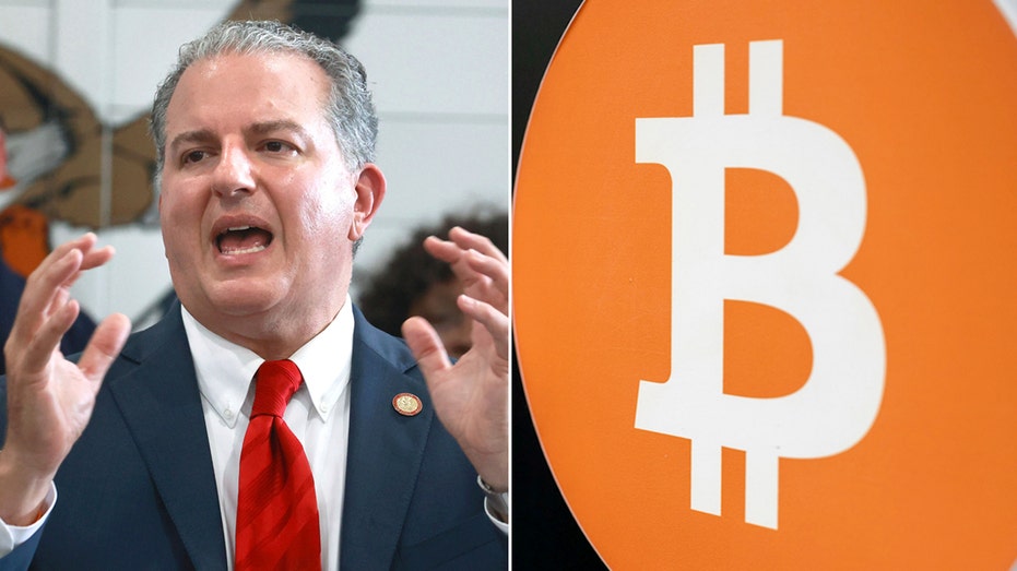 Left: Jimmy Patronis; Right: Bitcoin logo