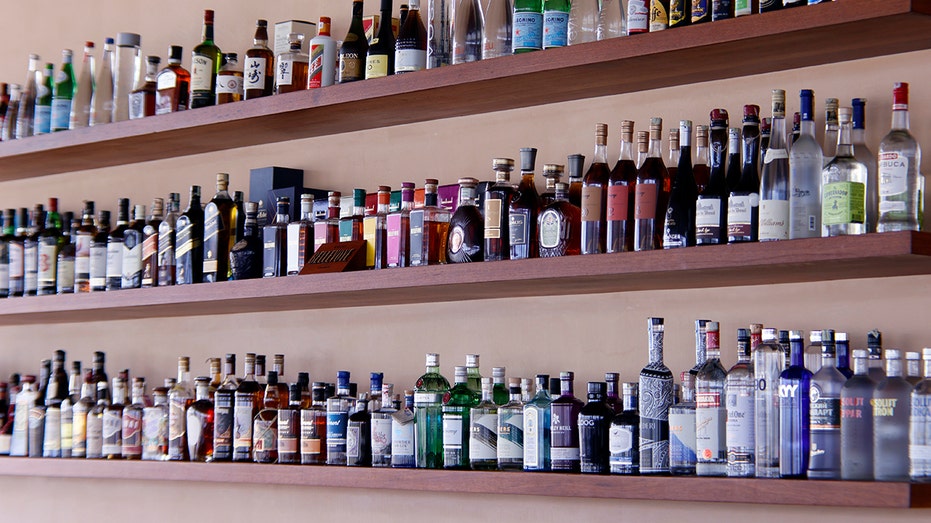 Bottles of alcohol on the bar shelf