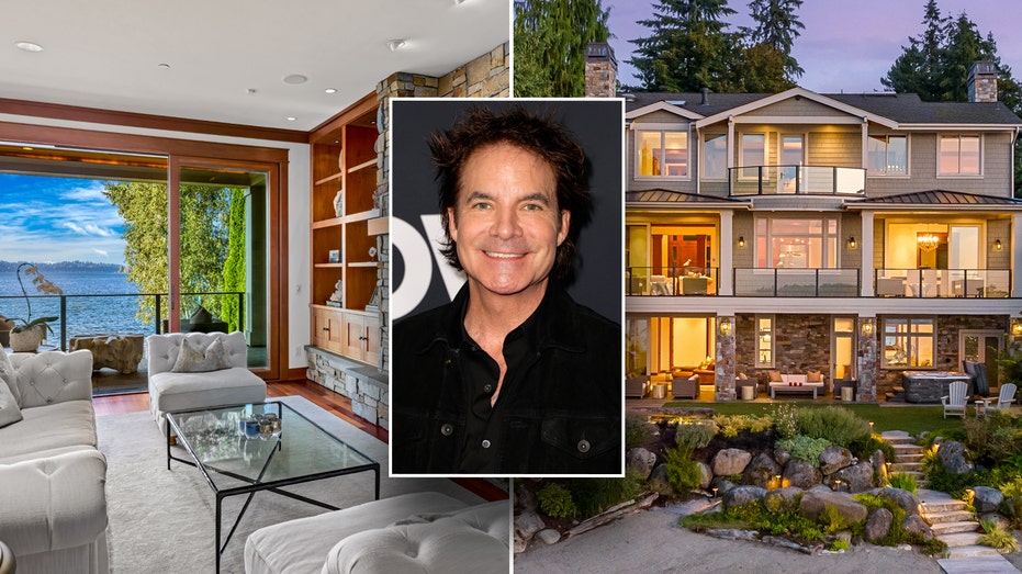 A split of Pat Monahan's home with a photo of him in the center.