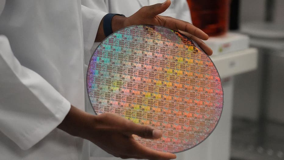 worker holds silicon wafer with chips