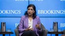 WASHINGTON, DC - OCTOBER 4: Federal Trade Commission Chair Lina Khan speaks during a discussion on antitrust reforms at the Brookings Institution October 4, 2023 in Washington, DC. Khan assumed the role of FTC chair in June 2021 after being appointed by U.S. President Joe Biden and confirmed by the Senate.