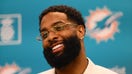 May 15, 2024; Miami Gardens, FL, USA; Miami Dolphins wide receiver Odell Beckham Jr. speaks to the media during an introductory press conference at Baptist Health Training Complex. 