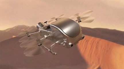 Caption: Artist’s concept of Dragonfly soaring over the dunes of Saturn’s moon Titan.