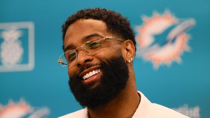 May 15, 2024; Miami Gardens, FL, USA; Miami Dolphins wide receiver Odell Beckham Jr. speaks to the media during an introductory press conference at Baptist Health Training Complex. 