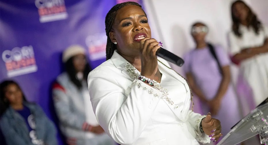 Rep. Cori Bush, D-Mo., delivers her concession speech during a primary election watch party on Aug. 6, 2024, in St Louis, Missouri.