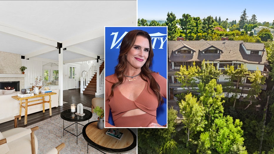 The exterior and interior of Brooke Shields' home with an inset of the actress.