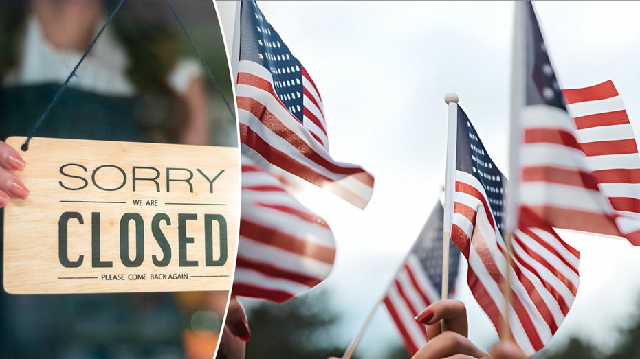 Closed sign and American flags being waved