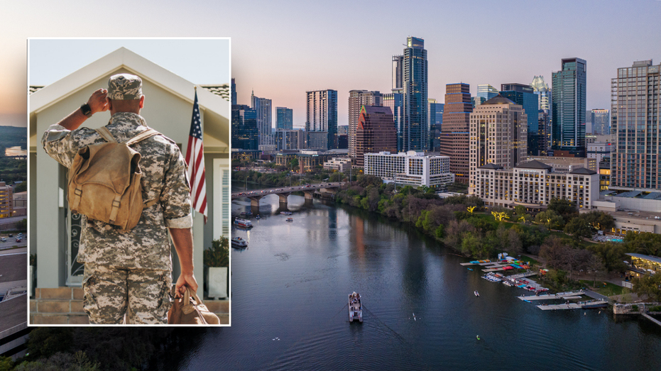 Split image of veteran, Austin skyline