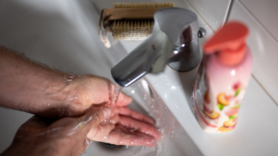 Person washing hands in sink