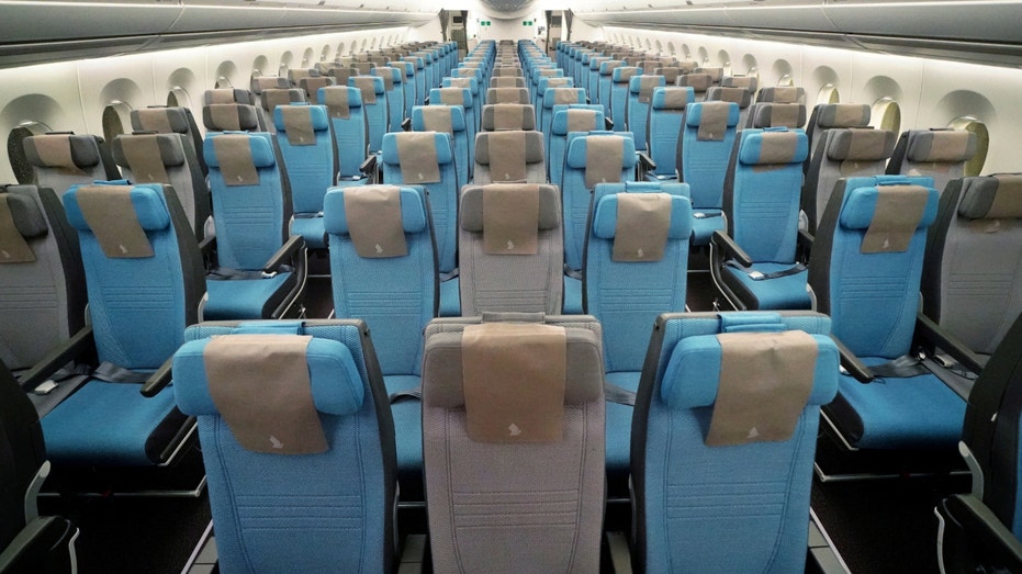 The cabin is pictured onboard a Singapore Airlines Airbus A350 at the gate at JFK airport before a scheduled direct flight to Singapore in the Queens borough of New York City, New York, on Nov. 11, 2020.