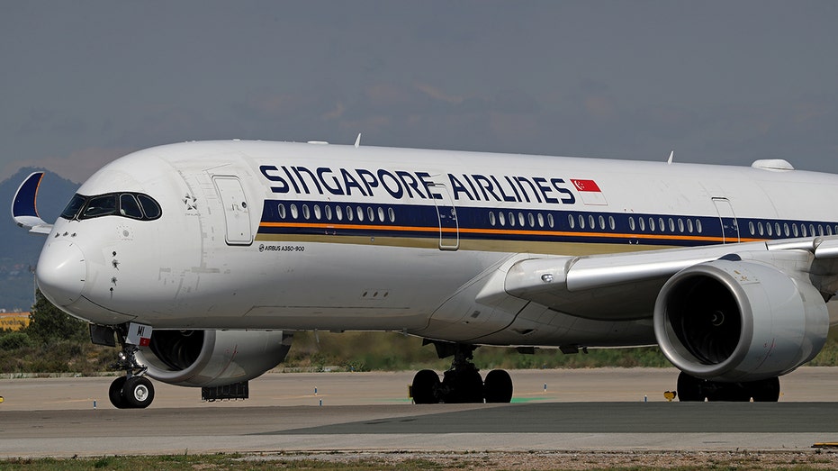 An Airbus A350-941 from Singapore Airlines is preparing to take off on the runway at Barcelona-El Prat Airport in Barcelona, Spain, on May 1, 2024. (Photo by JoanValls/Urbanandsport/NurPhoto via Getty Images)