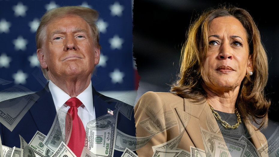 Money fading beneath image of Trump (Left) and Harris (Right)