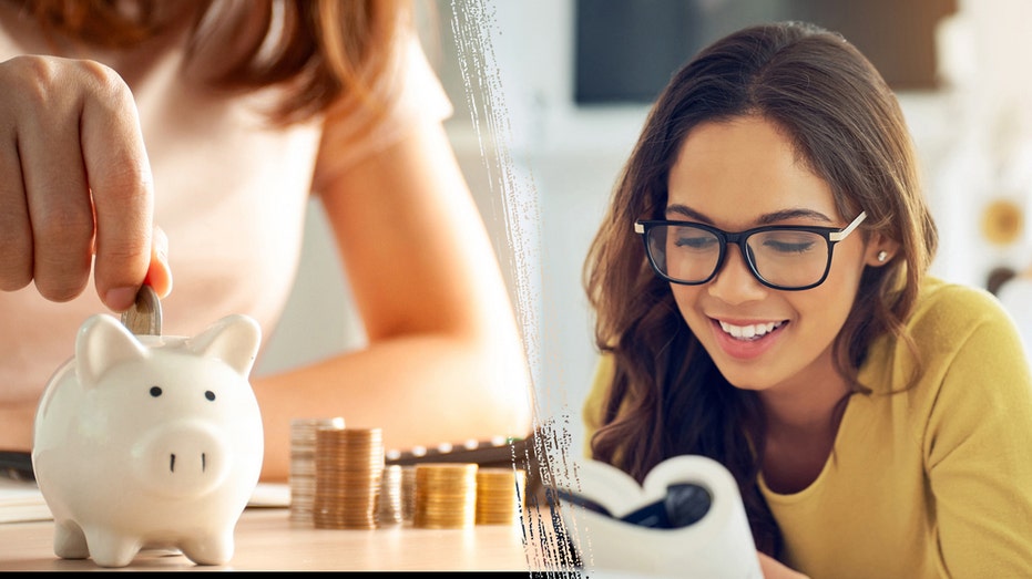 A woman putting coins in a piggy bank split with a photo of a woman reading a book