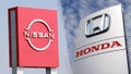 The logo of the Japanese automobile company Nissan is seen in Mexico City, Mexico, on December 12, 2024. The Honda brand logo can be seen on a stele in front of a branch of the car manufacturer in Aurich (Lower Saxony) on August 14, 2024. - Fox News