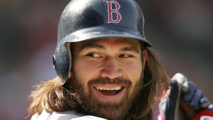 ALDS Playoffs: Closeup of Boston Red Sox Johnny Damon before Game 1 vs Anaheim Angels at Edison International Field. Cover Inset. 
Anaheim, CA 10/5/2004
CREDIT: Robert Beck (Photo by Robert Beck /Sports Illustrated/Getty Images)
(Set Number: X72003 TK1 )