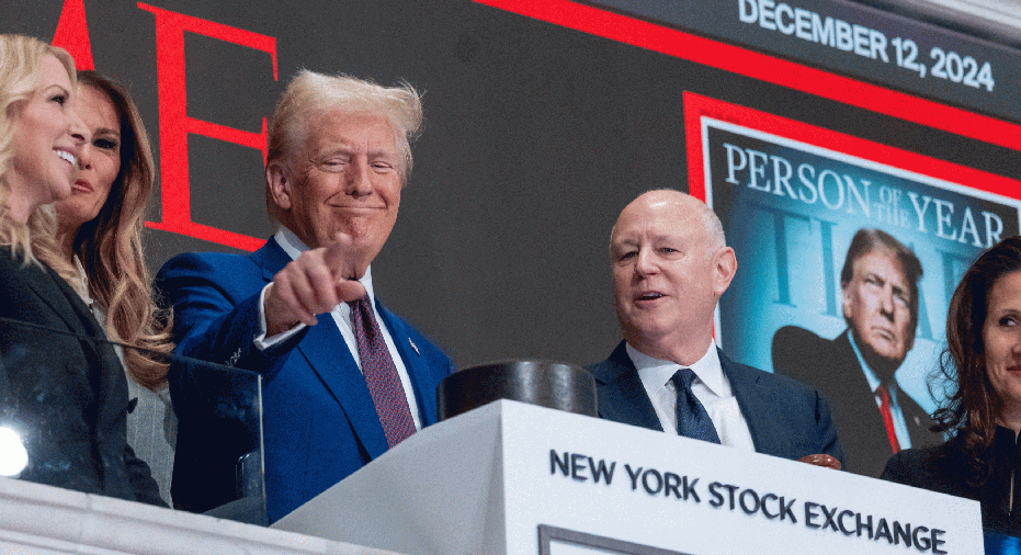 NEW YORK, NEW YORK - DECEMBER 12: President-elect Donald Trump rings the opening bell on the trading floor of the New York Stock Exchange (NYSE) on December 12, 2024 in New York City. Trump was invited to the Exchange after being named TIME’s