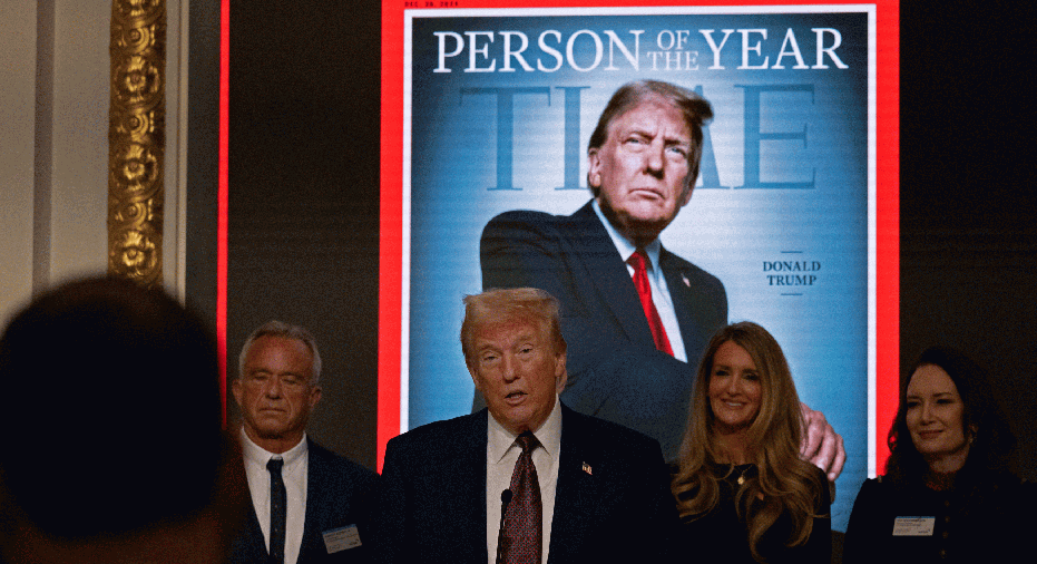 NEW YORK, NEW YORK - DECEMBER 12: President-elect Donald Trump speaks at a reception at the New York Stock Exchange (NYSE) after being named TIME’s 