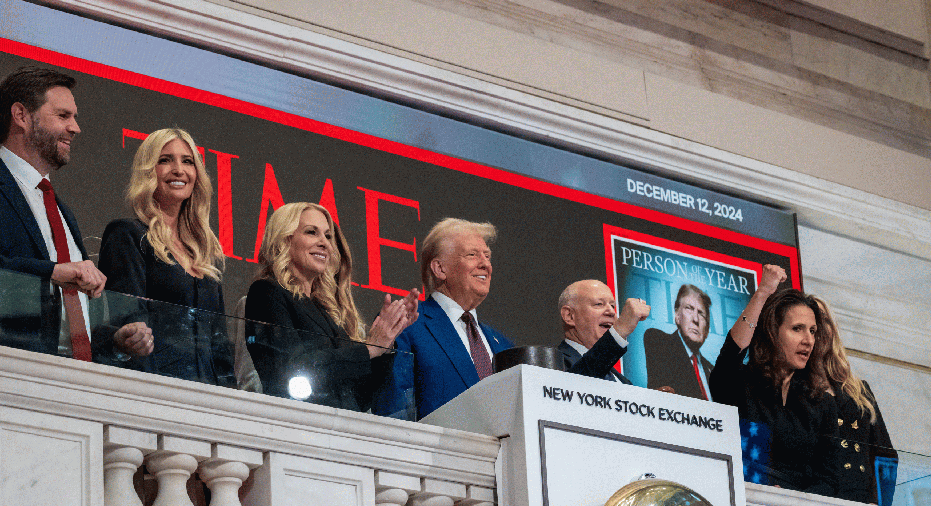 NEW YORK, NEW YORK - DECEMBER 12: President-elect Donald Trump rings the opening bell on the trading floor of the New York Stock Exchange (NYSE) on December 12, 2024 in New York City. Trump was invited to the Exchange after being named TIME’s 