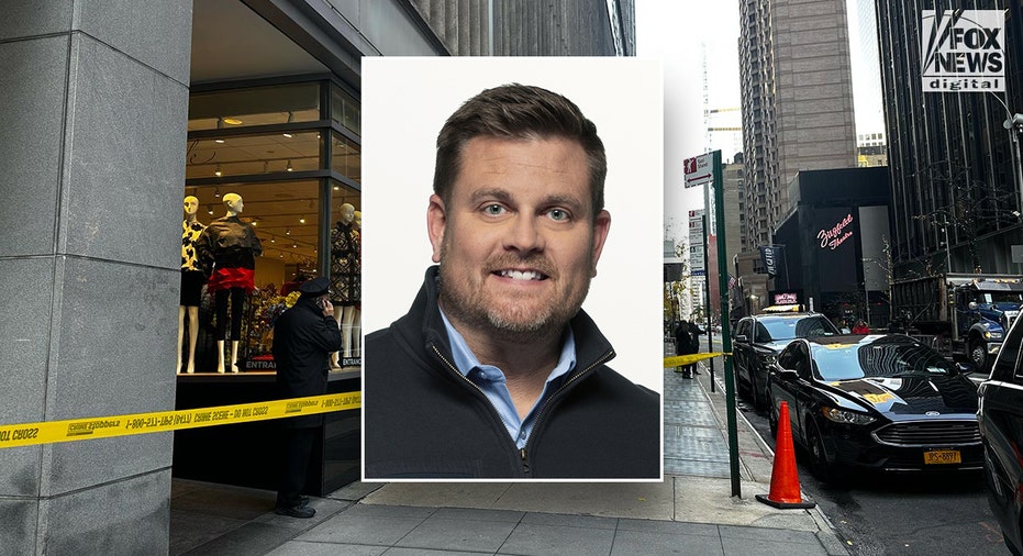 UnitedHealthcare CEO image over shooting scene photo