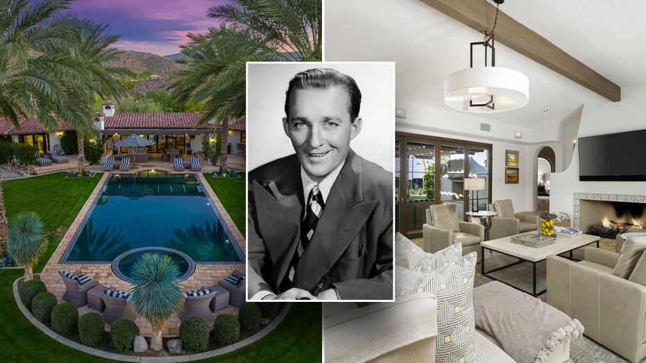 Bagian luar dan dalam rumah Bing Crosby dengan sisipan penyanyi.