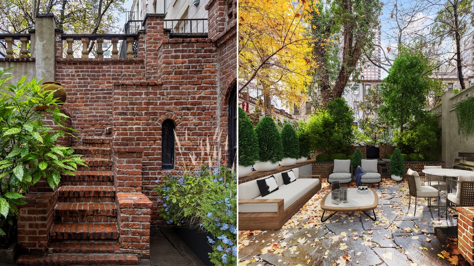 The exterior of the house has an outdoor dining and living area.