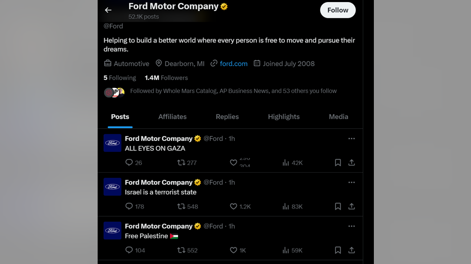 Ford's X account displaying anti-Israel messages