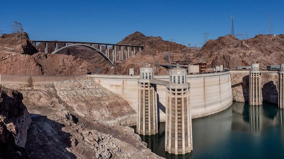 The Hoover Dam water intake towers at Lake Mead, the country's largest man-made water reservoir.