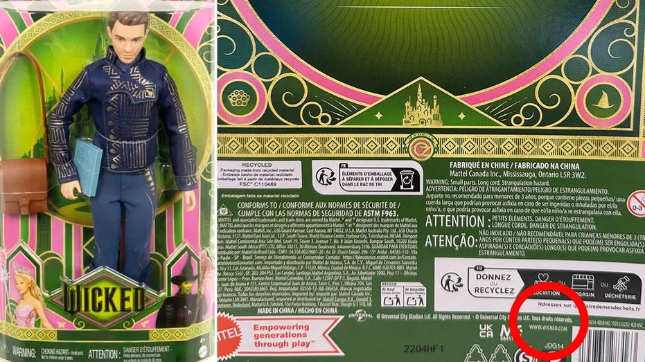 Packaging of the Mattel doll Fiyero shows an adult website printed on the back.