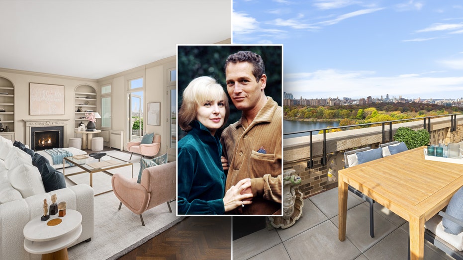 A living room divided into an outdoor terrace overlooking the river, and an interior portrait by Paul Newman and Joan Woodward.