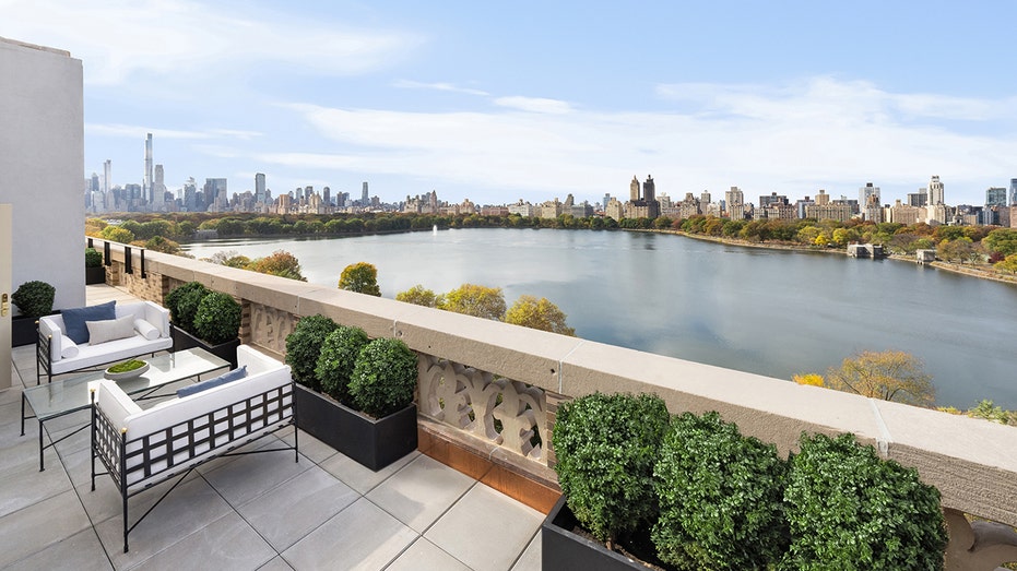 The kitchen has access to a second terrace facing the park.