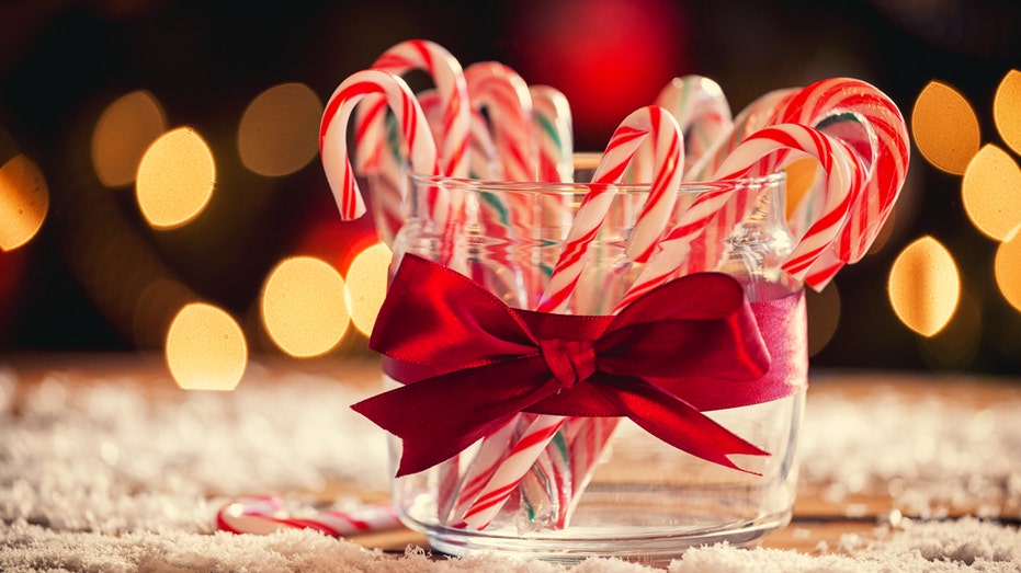 Candy canes in front of the Christmas tree