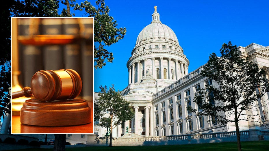 Split image of gavel and WI capitol