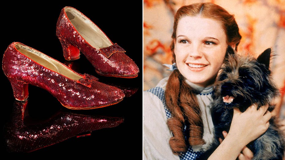 ruby slippers on display/judy garland and toto in the wizard of oz 