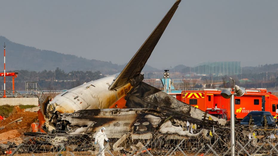 Wreckage of crashed Jeju Air Boeing plane in South Korea