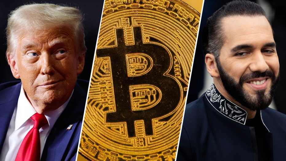 Left: Donald Trump; Center: Bitcoin symbol; Left: El Salvador's President Nayib Bukele