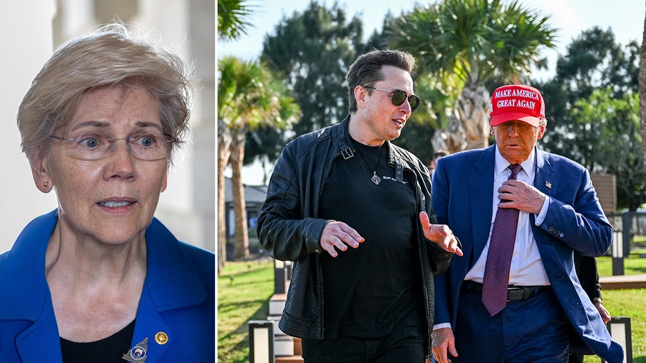 photo split: left: Sen. Warren; right: Elon Musk with former President Trump