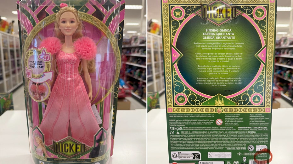 The front and back of the Glinda doll featuring a link to a porn site.