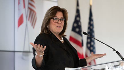 Suzanne Clark, president and chief executive officer of the US Chamber of Commerce, speaks during an event in Ottawa, Ontario, Canada, on Wednesday, April 19, 2023. Clark will discuss insights into ways the United States and Canada can seize opportunities to bolster the bilateral relationship, enhance North American competitiveness and address global challenges. 