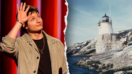 Comedian Matt Rife pictured alongside an image of the Castle Hill Lighthouse in Narragansett Bay, Rhode Island. The illustration comes in wake of Rife's recent real estate move to Rhode Island. 