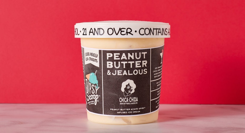 Container of peanut butter, jelly boozy ice cream