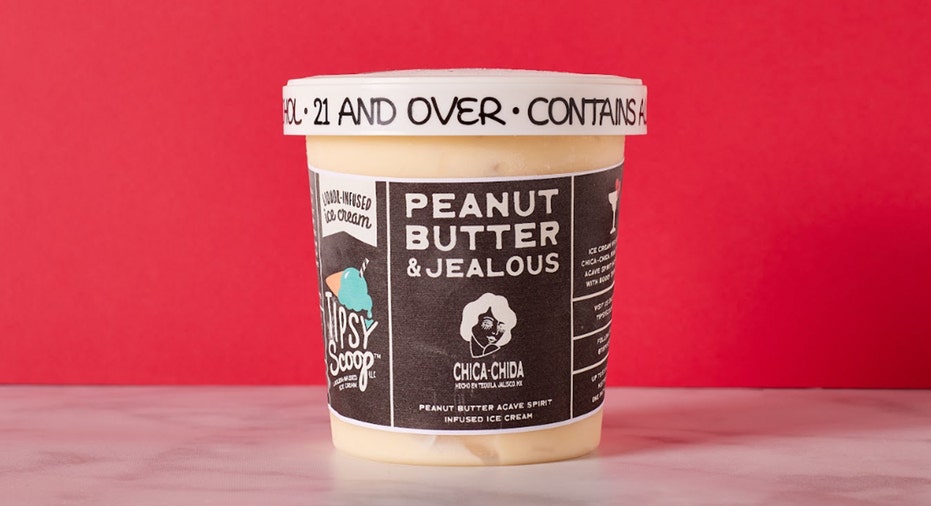 Container of peanut butter, jelly boozy ice cream
