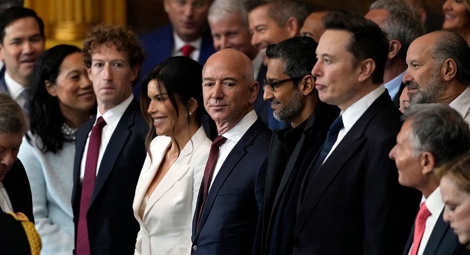 WASHINGTON, DC - JANUARY 20: Guests including Mark Zuckerberg, Lauren Sanchez, Jeff Bezos, Sundar Pichai and Elon Musk attend the Inauguration of Donald J. Trump in the U.S. Capitol Rotunda on January 20, 2025 in Washington, DC. Donald Trump takes office for his second term as the 47th president of the United States. (Photo by Julia Demaree Nikhinson - Pool/Getty Images)