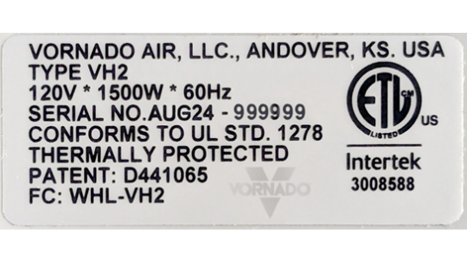 Vornado VH2 Whole Room Heater label