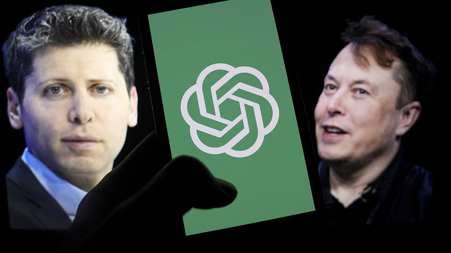 Sam Altman, Elon Musk and the OpenAI logo