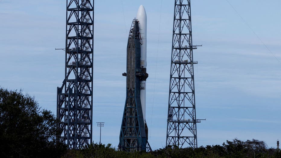 A Blue Origin New Glenn rocket is ready for launch.