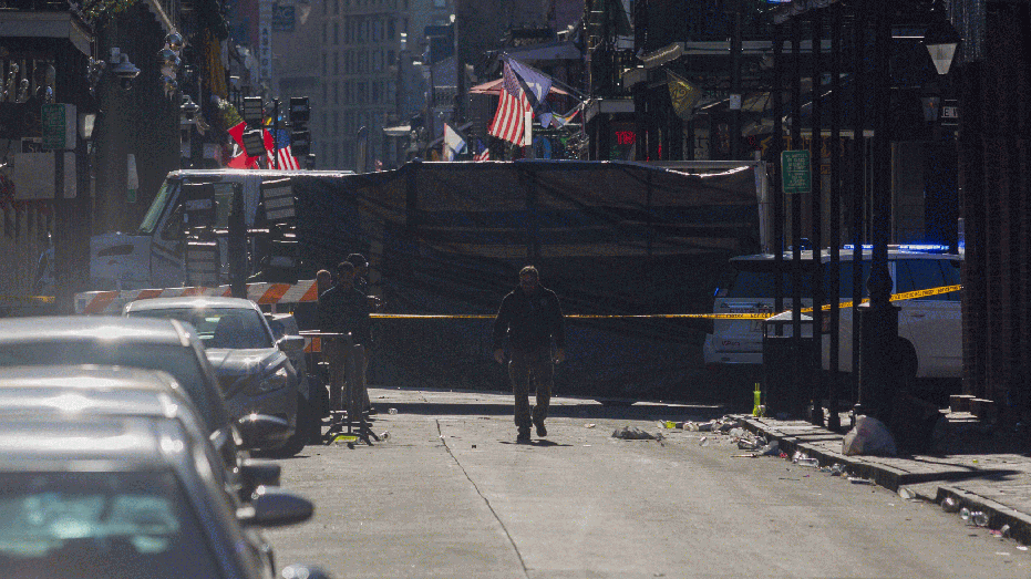 NEW ORLEANS, LOUISIANA, USA - JANUARY 1: Police checkpoints in and around Bourbon Street after a car crashed into a New Year's Eve crowd in the tourist district on January 1, 2025 in New Orleans, Louisiana, USA. (Photo by Patt Little/Anadolu via Getty Images)