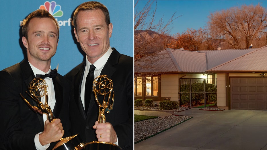 Aaron Paul and Bryan Cranston with Emmys, split with the exterior of Walter White's home.