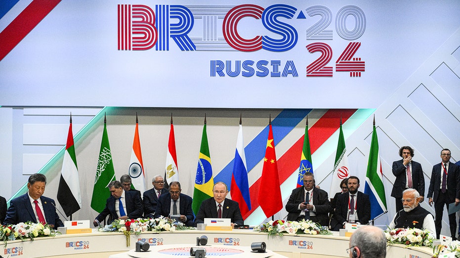 Russian President Vladimir Putin, Chinese Xi jinping President, and Indian Prime Minister Narenda Modi at the BRICS conference in 2024