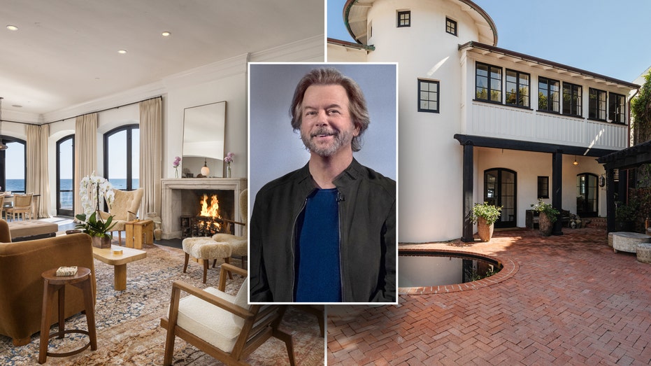 Dua foto rumah David Spade dengan inset aktor di tengah.