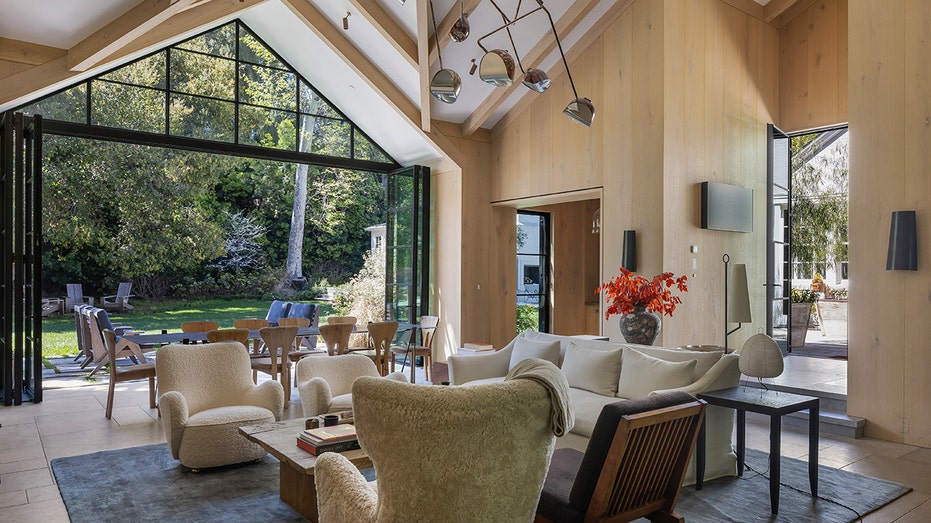 The one-bedroom guest house features a unique light fixture.